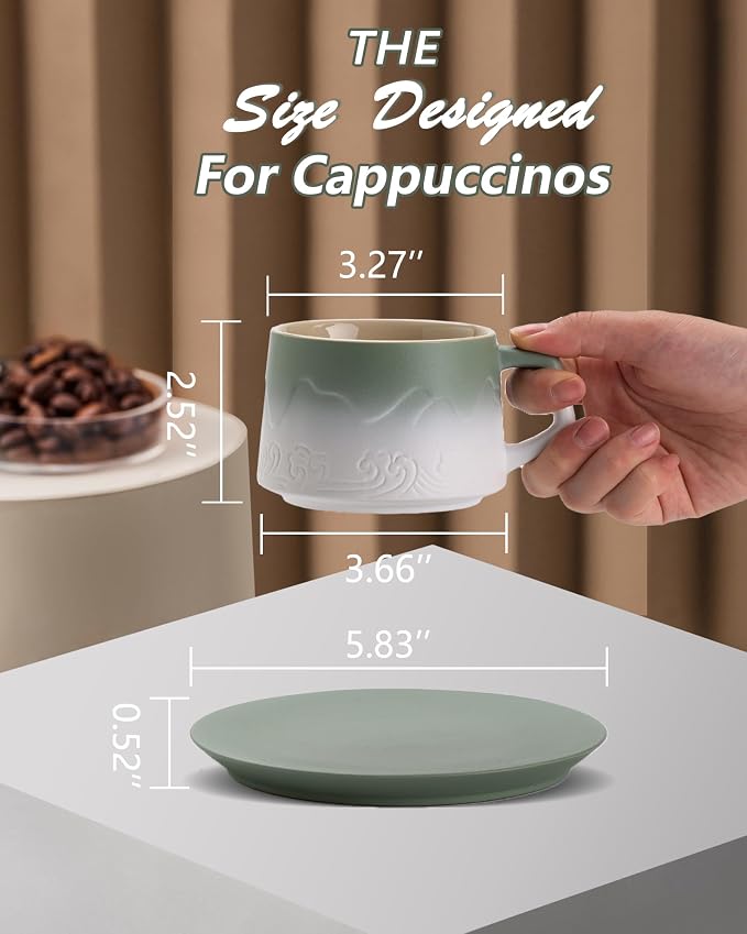 ZENS 8 Ounce Artistic Cappuccino Cups Set of 2, Embossed Ceramic Coffee Mug - Image 5