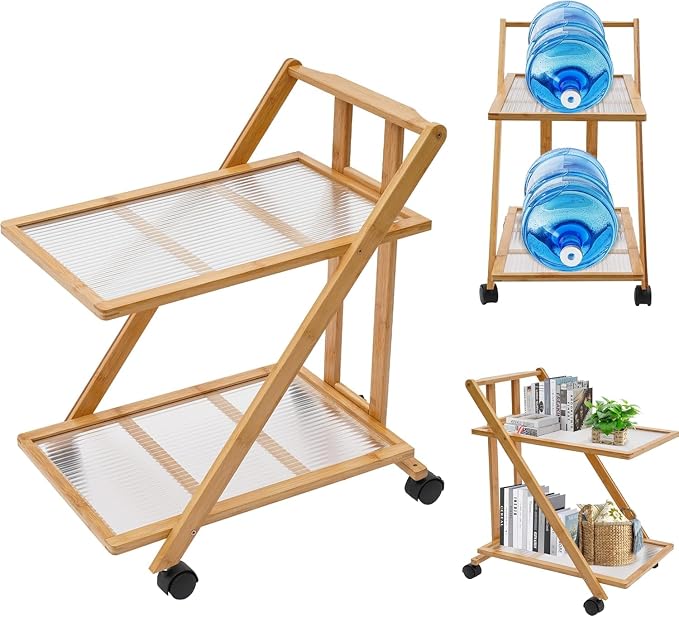 2-Tier Foldable Rolling Coffee Bar Cart Home Utility Cart Storage Organizer by kunghei