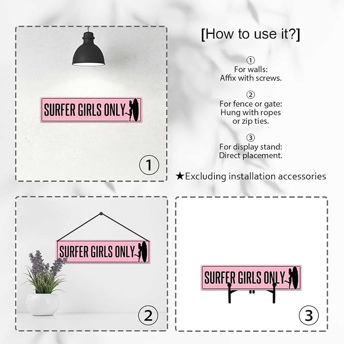Surfer Girls Only Pink Tin Sign Vintage Metal Sign Retro Wall Art Poster Rustic - Image 3