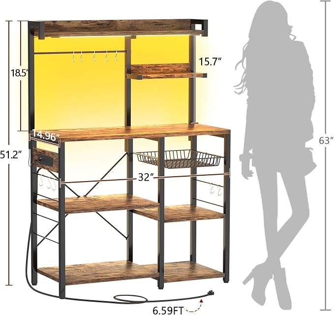Aheaplus Bakers Rack with Power Outlet and LED light strings, Microwave Oven - Image 3