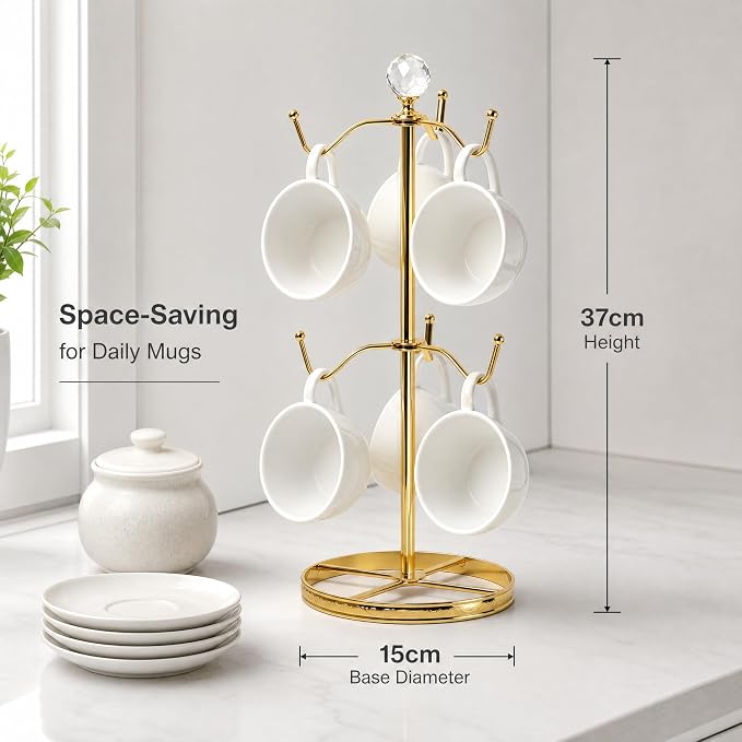 Mug Tree Coffee Cup Holder for Counter Top 6 Hooks | Double Tier Metal Mug Tree - Image 5