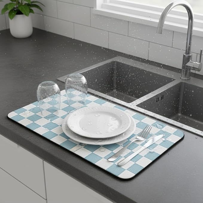 1-Piece Checkered Dish Drying Mat, Absorbent ​Kitchen Counter​ Protector - Image 5