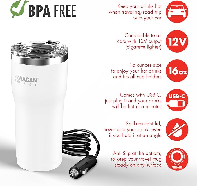 Wagan EL6102 12V Travel Car Heated Mug Portable 16oz Stainless Steel Anti-Spill - Image 3