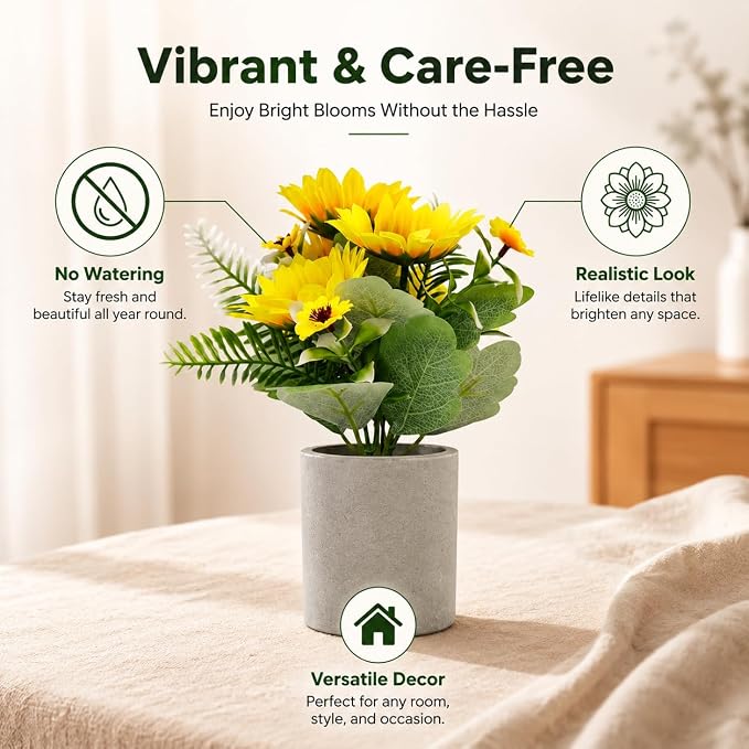 HappyFiller Artificial Sunflower Pot Yellow Fake Sunflowers - Image 2