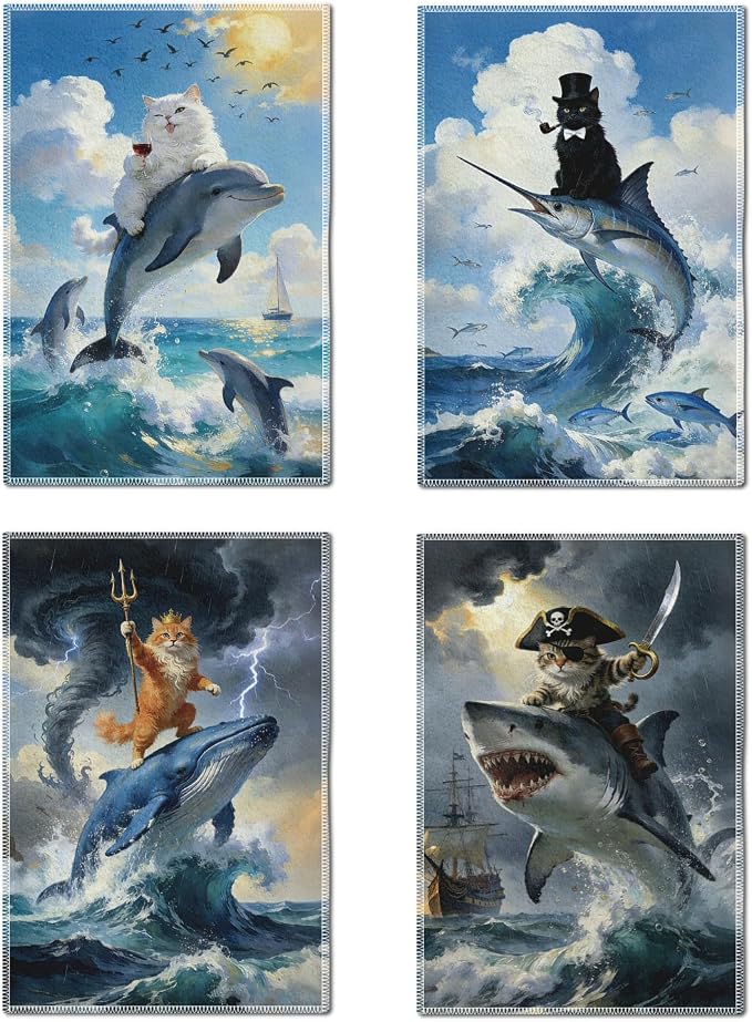 CUTHOLLOW Interesting Surfing Cat Decorative Kitchen Towels Set of 4, by CUTHOLLOW