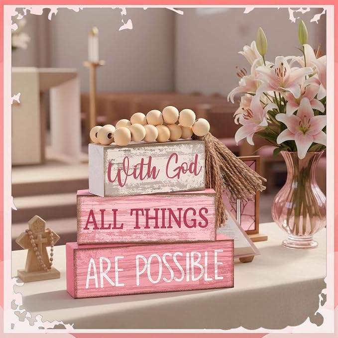 Lineshading 4 Pcs Christian Table Decor Pink Rustic Wooden Block Sign Set - Image 4