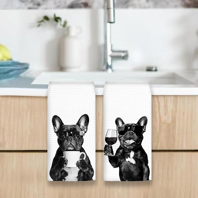 French Bulldog Gifts Coffee Wine Kitchen Towels Set of 2, Coffee Dog Dish Tea - Image 6