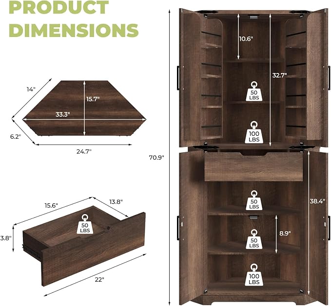 Dripex 71" Brown Farmhouse Corner Pantry Cabinet - Image 2