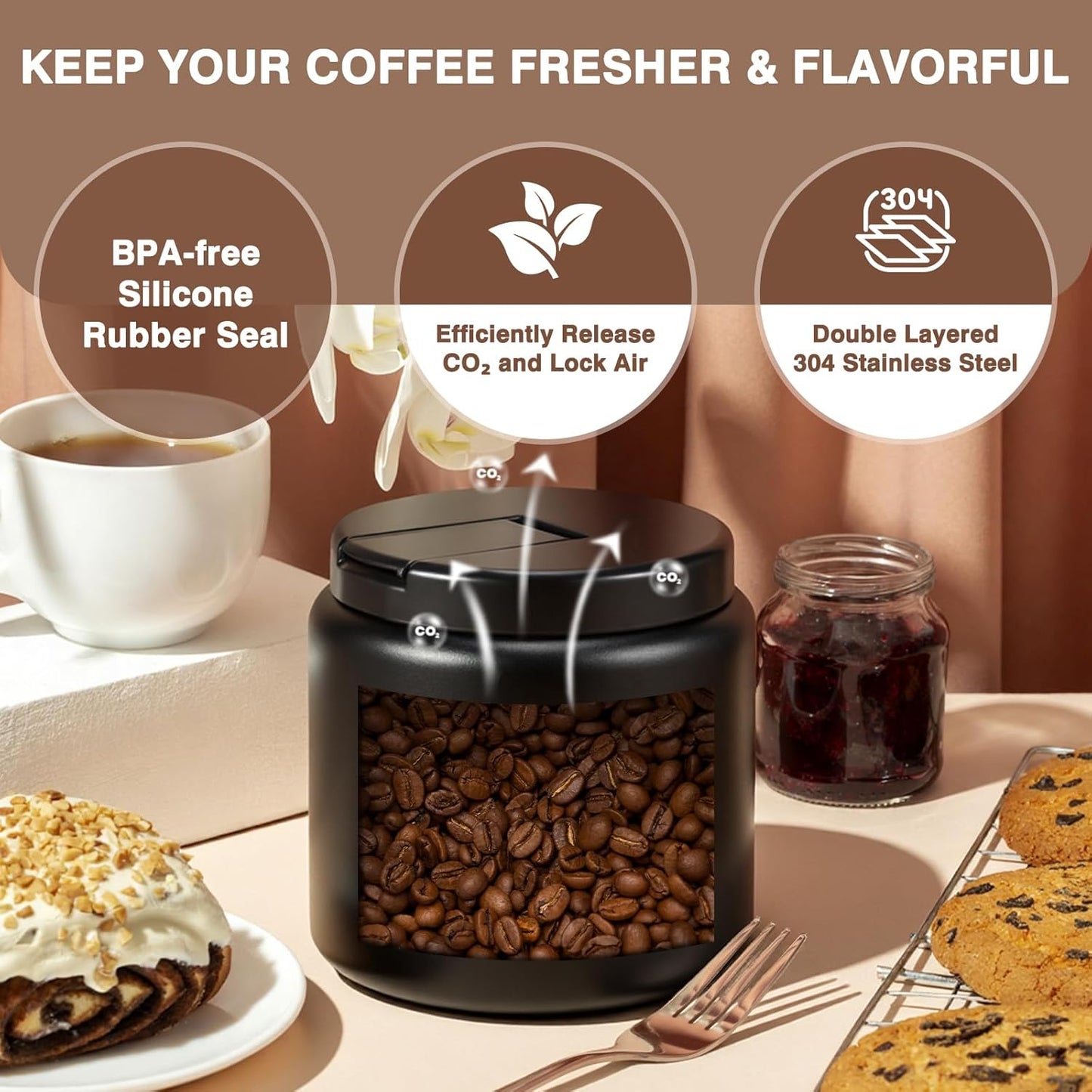 Coffee Canister, Premium Large Stainless Steel Insulated Vacuum Coffee Bean Storage Container Travel Jar, Kitchen Food Airtight Coffee Grounds Container for Tea, Sugar, Flour (26oz-Black)