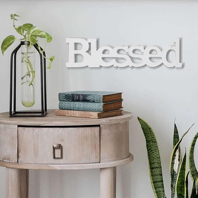 Farmhouse Wood Blessed Sign for Table 15", Hanging Distressed White Wall - Image 8