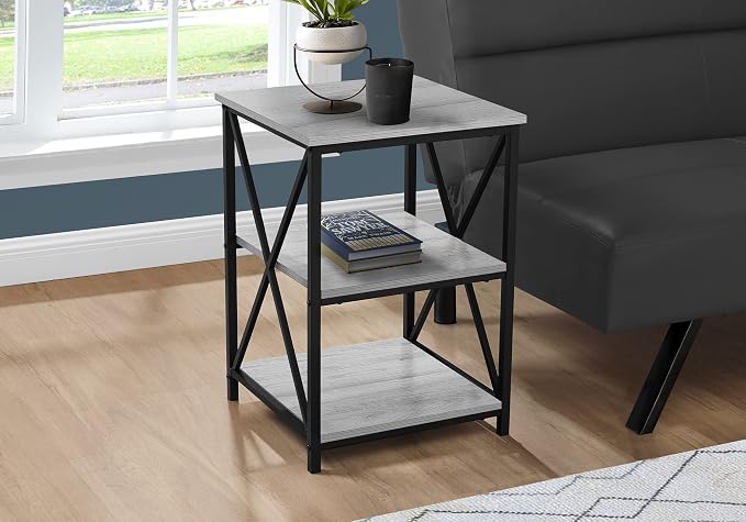 3-Tier Grey Side Table with Storage Shelves, 18 Inch Square Accent Table by Noeko