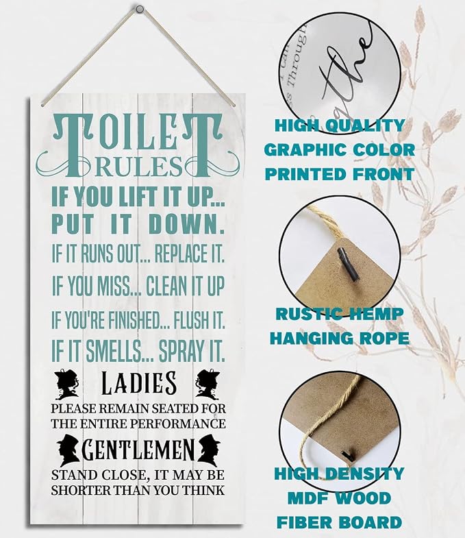Bathroom Rules Wood Decor Sign, Toilet Rules, Hanging Printed Wooden Plaque - Image 3