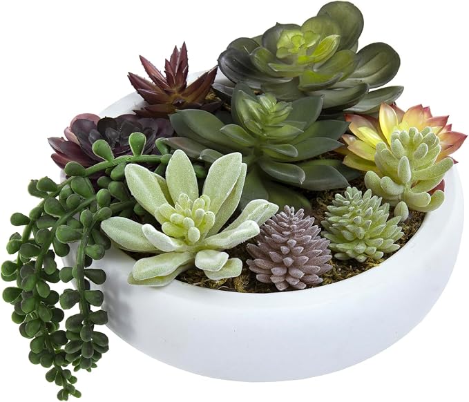 MyGift 8 Inch Round Modern Artificial Succulent Arrangement Potted in White by MyGiftHome