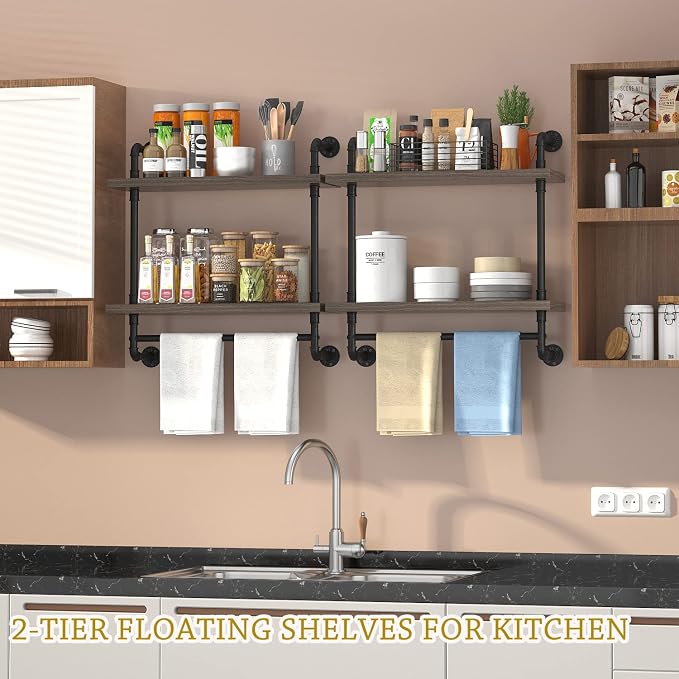 Helsin 2 Tier Wood Floating Shelves Towel Rack, Industrial Pipe Bathroom - Image 5