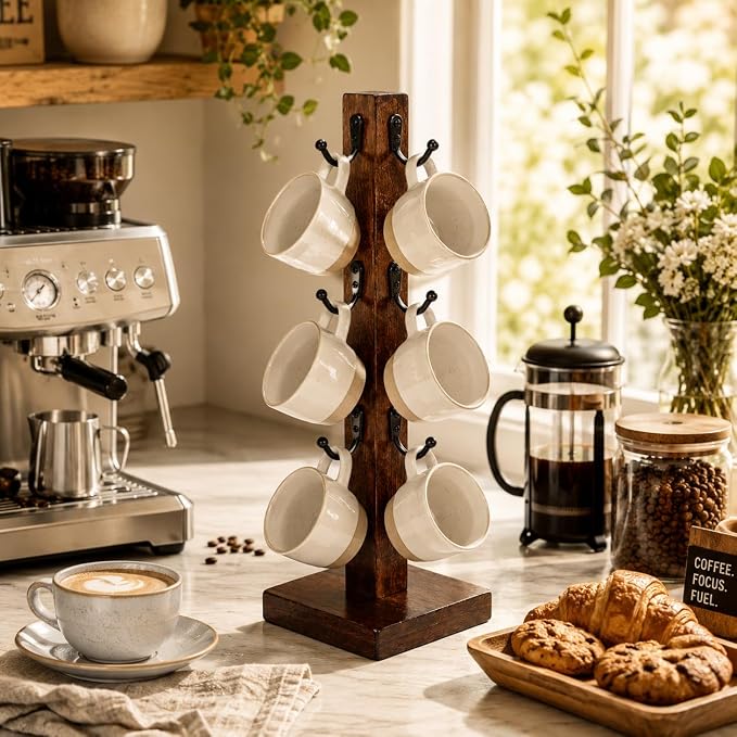 Coffee Mug Tree Stand for Countertop, Wooden Mug Holder - Image 4