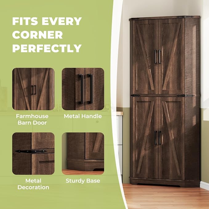 Dripex 71" Brown Farmhouse Corner Pantry Cabinet - Image 6