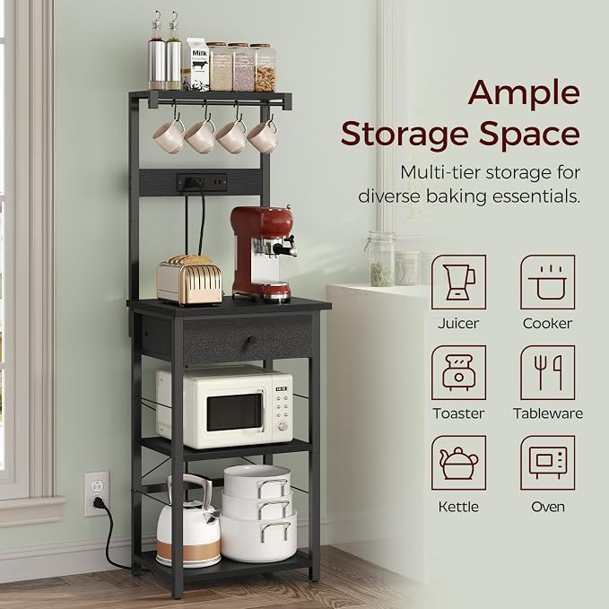 MAHANCRIS Bakers Rack with Drawer, Microwave Stand with Power Outlet, Coffee - Image 8