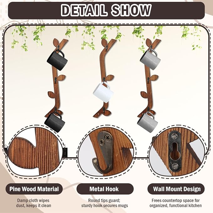 3 Pack Wood Coffee Mug Wall Rack - Image 3