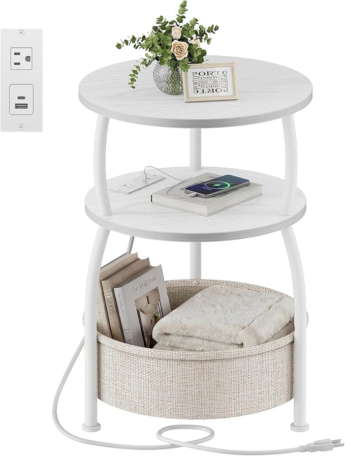 Round Side Table with Charging Station, USB Type C Port, Tall Side Table by designyourhome