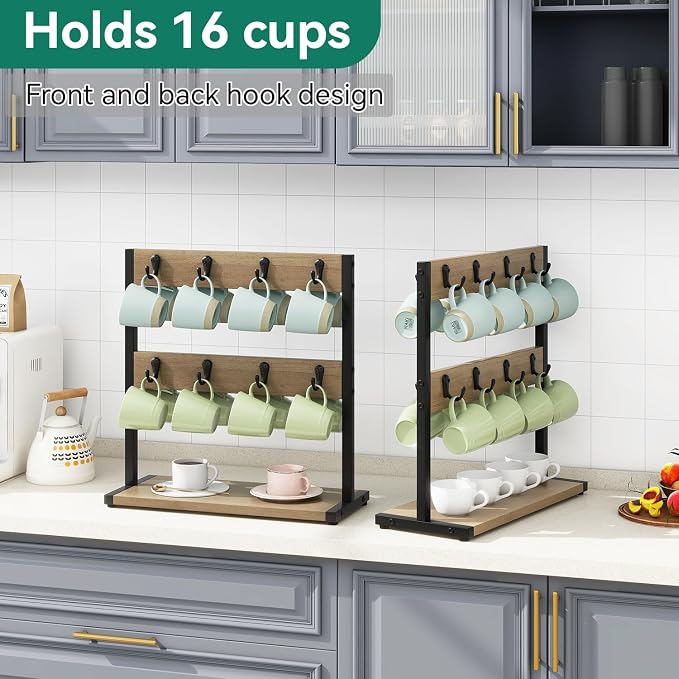 IBUYKE Wood Coffee Mug Holder for Countertop, 16 Hook Mug Tree Holder Rack - Image 2