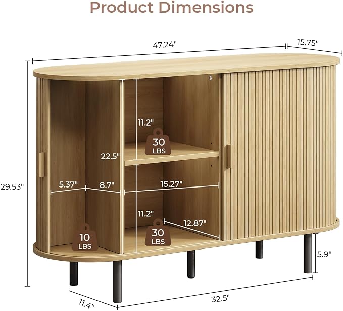 Buffet Cabinet with Storage, Fluted Sideboard Buffet with Sliding Door - Image 2