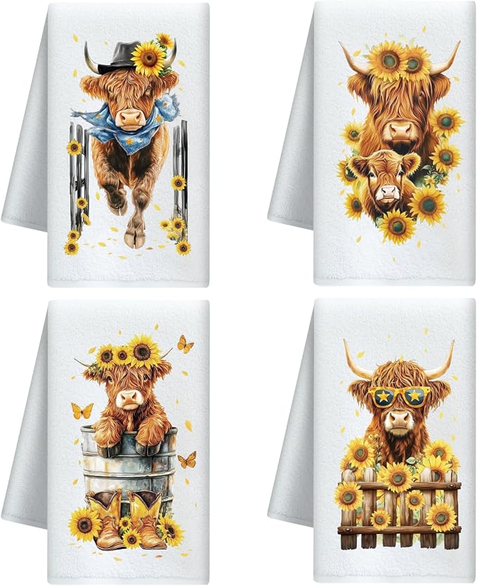 CUTHOLLOW Highland Cattle and Sunflower Decorative Kitchen Towels Set of 4 by CUTHOLLOW