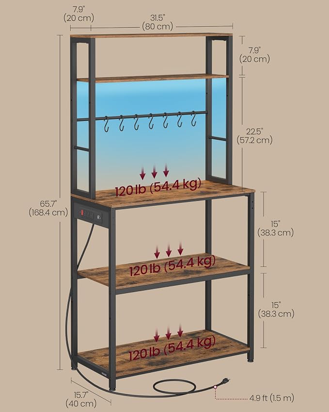 VASAGLE Coffee Bar with LED Lights, Kitchen Bakers Rack with Power Outlet - Image 6