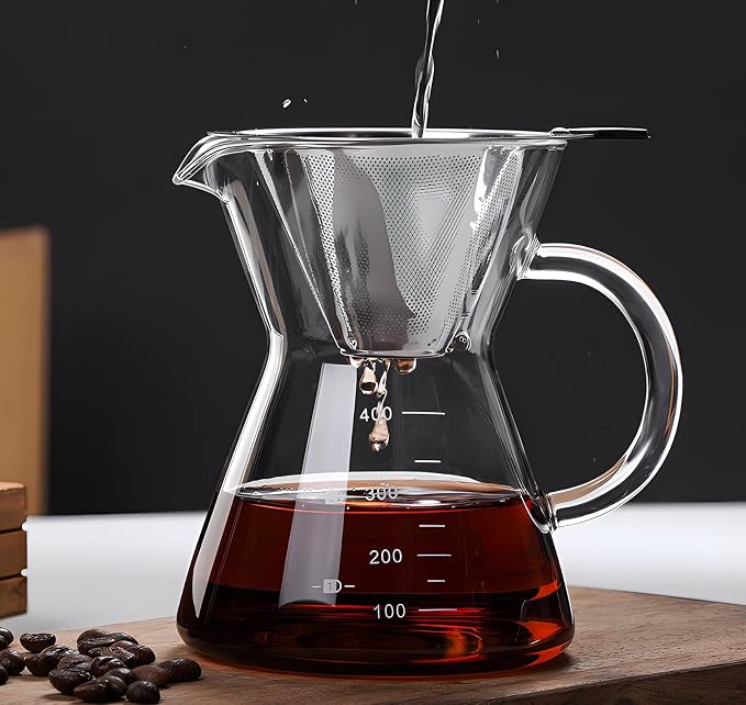 Pour Over Coffee Maker with Reusable Stainless Steel Drip Filter, Glass Drip - Image 4