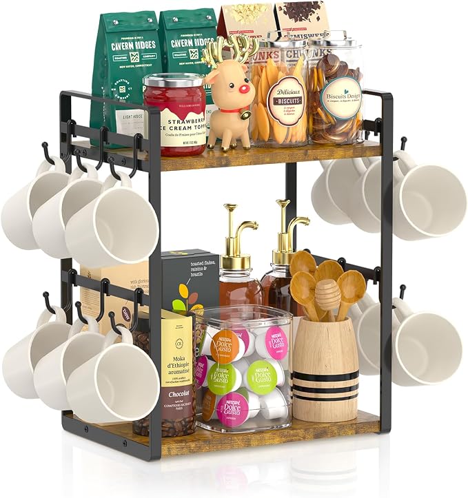 EsLuker.ly 2 Tier Coffee Mug Holder Station Bar Organize Countertop, Mug Cup by EsLukerly