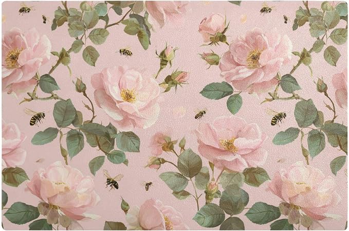 Cute Pink Rose and Bees Coffee Mat Coffee Bar Maker Backed Absorbent Nonslip by QwThum