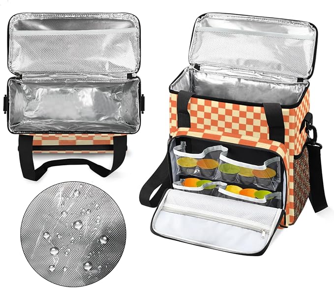 Checkerboard Orange Coffee Maker Carrying Bag, Waterproof Insulated Leakproof - Image 3