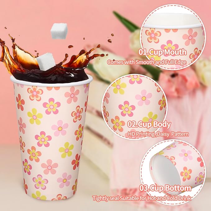 Whaline 50 Pcs Spring Summer Daisy Disposable Paper Cups - Image 3
