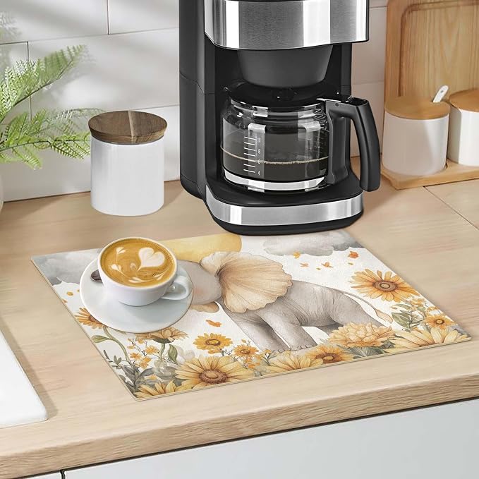 Elephant Sunflowers Cloud Grey Coffee Mat Coffee Bar Maker Station Pot Spill - Image 4