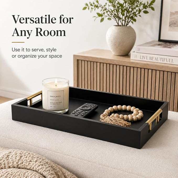 Luxury Black Ottoman Tray with Gold Handles – 12x17 Large Decorative Serving - Image 4