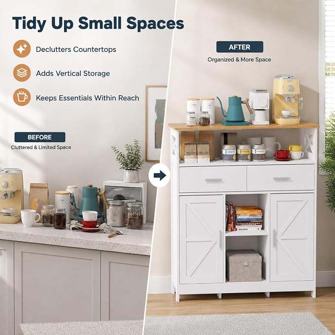 Coffee Bar Cabinet with Storage, 35.4" Kitchen Storage Cabinet with 2 Drawers - Image 3