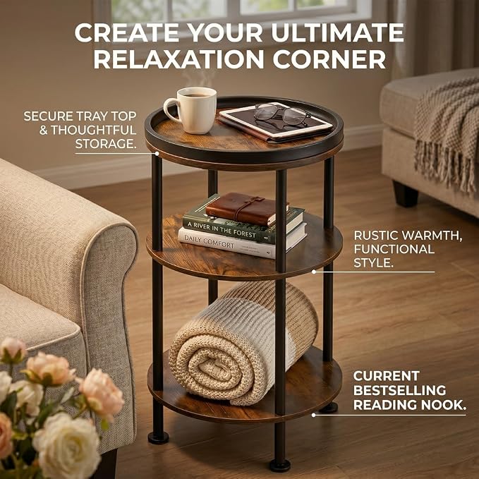 Small Round Side Table with Tray Top, 11.8" Narrow End Table - Image 4