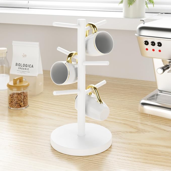 Wisuce White Coffee Mug Tree, Updated Thick Bamboo Mug Holder Base, Coffee Cup by Wisuce