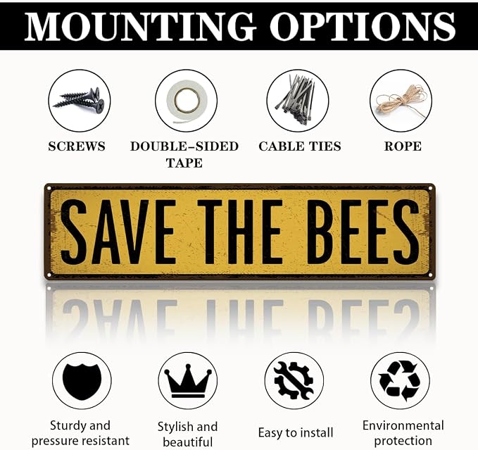 Bee Farm Decor, Save the Bees Sign, Rusty Metal Tin Signs 15.8x4 inches - Image 3
