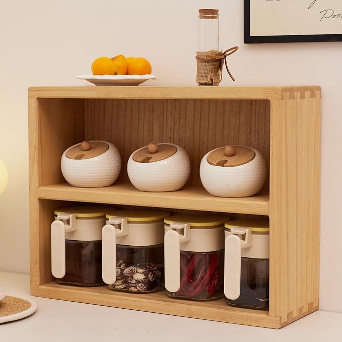 KIRIGEN 2-Tier Wooden Storage Cabinet, Solid Wood Kitchen Counter Organizer - Image 6