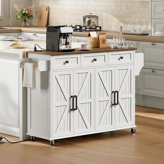 RALGEND Kitchen Island with Drop Leaf & Power Outlet, Rolling Kitchen Island by RALGEND