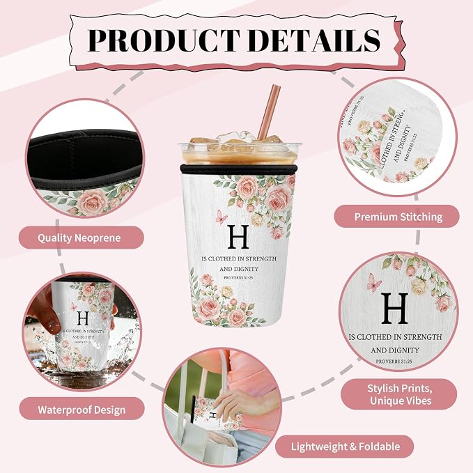 Floral Monogram Iced Coffee Cup Sleeve 3 Pack, Christian Reusable Neoprene - Image 4
