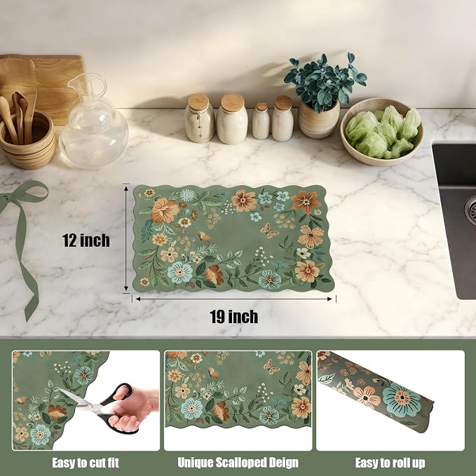 Scalloped Bohemian Boho Floral Flower Coffee Bar Mat Dish Drying Mats - Image 3