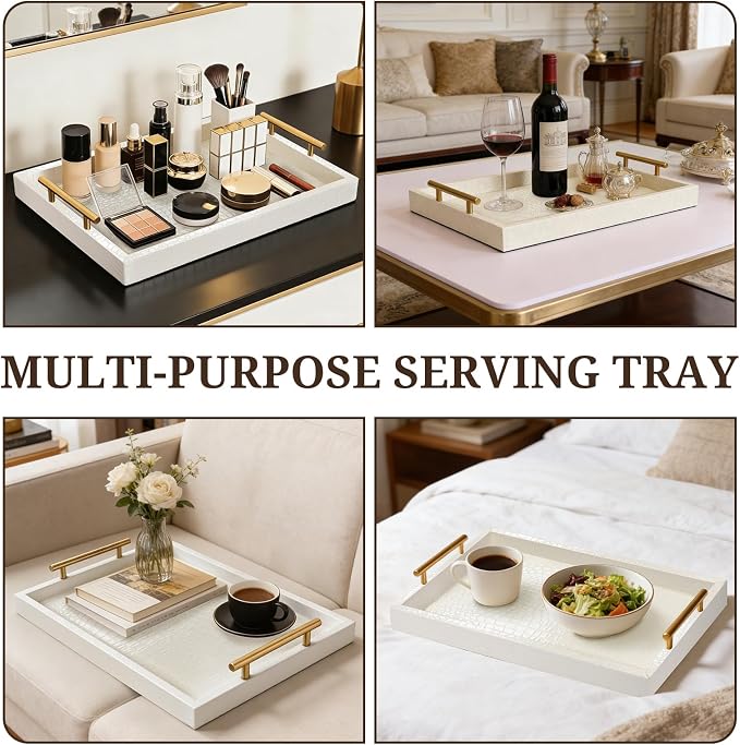 SXNOWS 17"x12" Cream Faux Leather Serving Tray - Image 8