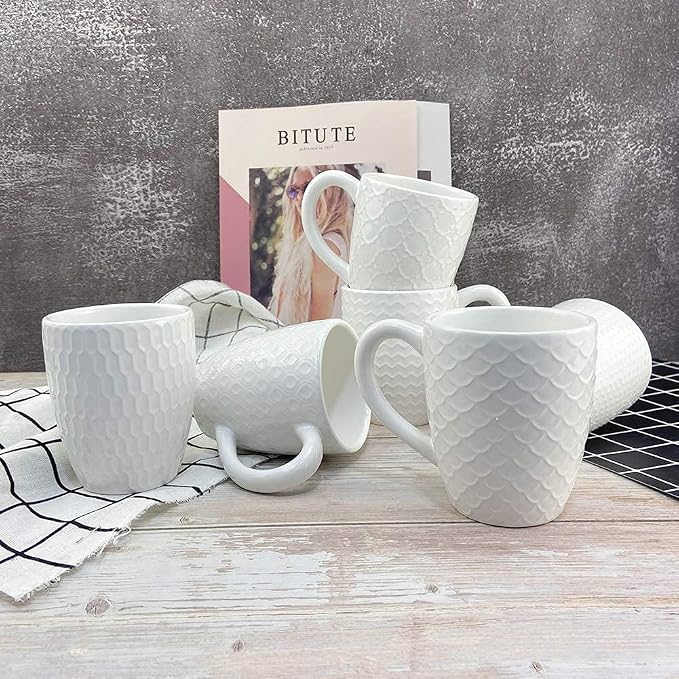 Schliersee 12 OZ White Ceramic Coffee Mugs Set of 6, Stylish Embossed Coffee - Image 7