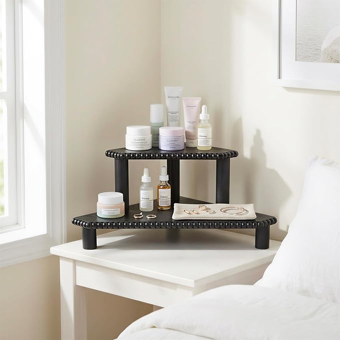 2-Tier Rustic Corner Shelf for Kitchen Counter, Wood Beaded Farmhouse - Image 8