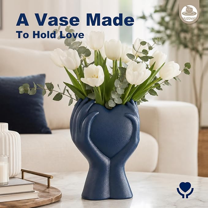 8" Heart Hand Navy Blue Ceramic Vase - Image 5