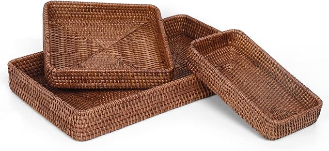 Rattan Tray Set of 3, Rectangular Woven Tray, Wicker Decorative Serving Tray by YANGQIHOME