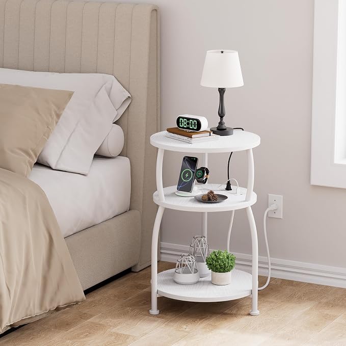Round Side Table with Power Outlet & USB Ports, 3-Tier End Table with Storage - Image 5