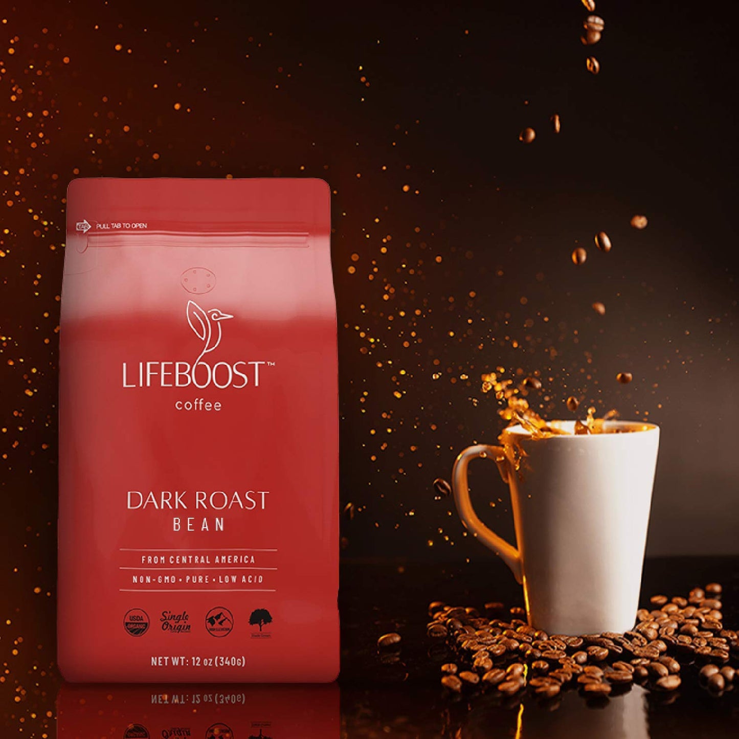 Lifeboost Dark Roast Whole Bean Coffee - Non-GMO Low Acid Single Origin USDA Organic Coffee - Third Party Tested For Mycotoxins & Pesticides - 12 Ounces (Pack of 3)