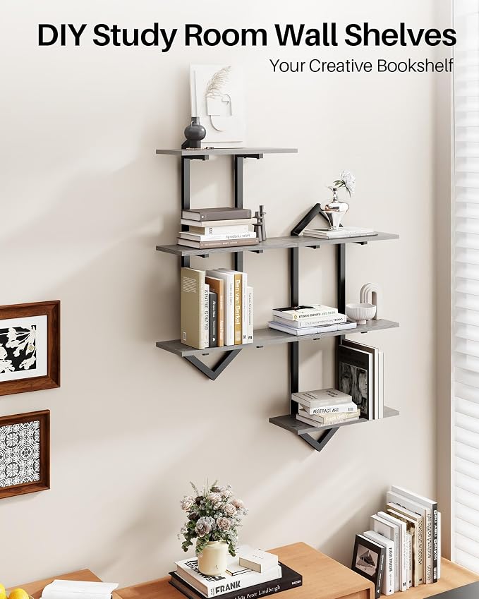 3 Tier Floating Shelves, Modern Geometric Wooden Shelf - Image 4